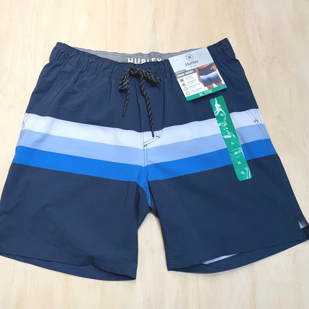 Hurley Swim Shorts Mens XL Blue Stripe Stretch UPF 50+ Board Trunks Lined NEW